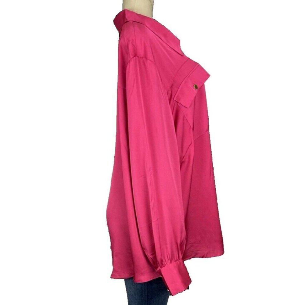 Fashion To Figure +3 Rose Pink Satin Button Down Collar Pocket Long Sleeve Shirt — image 3 of 6